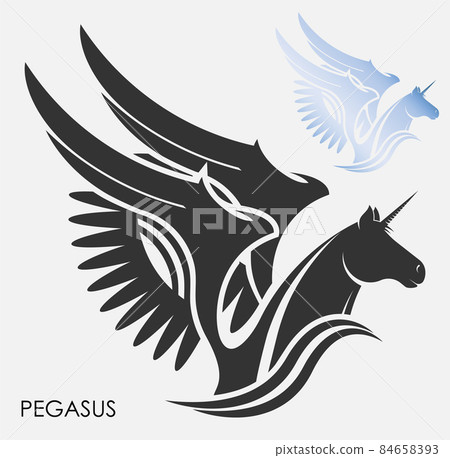 Silhouettes of mythical pegasus horse head. Unicorn emblem with wings. Isolated vector on white background. Simple black and white vector isolated on white background 84658393