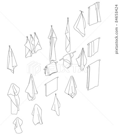 Set with contours of towels hanging on a hanger from black lines isolated on a white background. Isometric view. Vector illustration 84658424