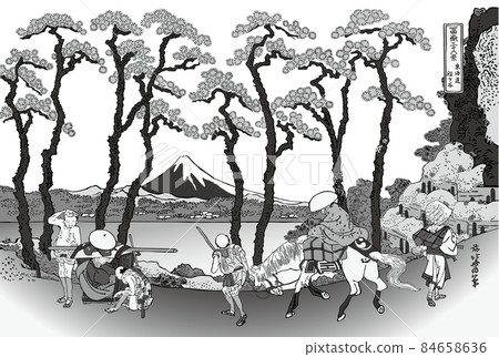 Katsushika Hokusai image Tokaido Hodogaya Black and white white background with title 84658636
