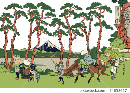 Katsushika Hokusai 圖像 Tokaido Hodogaya 白色背景與標題 Katsushika Hokusai 圖像 Tokaido Hodogaya 白色背景與標題 84658637