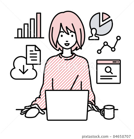 A remote-working woman sitting at a desk, opening her PC for research, analyzing data and compiling reports A remote-working woman sitting at a desk, opening her PC for research, analyzing data and compiling reports 84658707