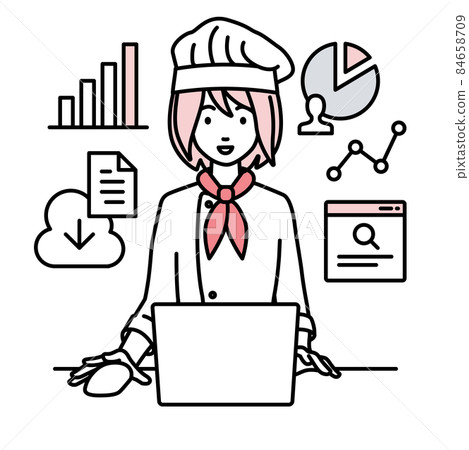 A cook woman sitting at a desk, opening a PC for research, analyzing data and compiling reports A cook woman sitting at a desk, opening a PC for research, analyzing data and compiling reports 84658709