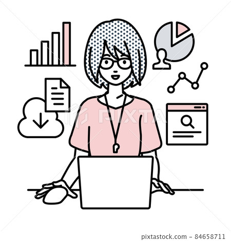 A female teacher sitting at a desk, opening a PC for research, analyzing data and compiling reports A female teacher sitting at a desk, opening a PC for research, analyzing data and compiling reports 84658711