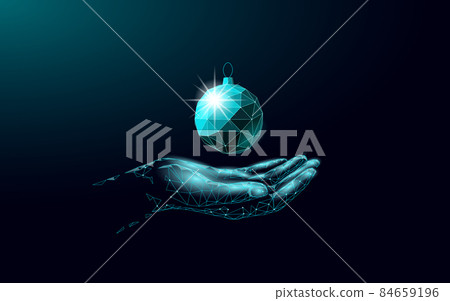 Christmas tree ball decoration low poly. Modern futuristic technology art template greeting card. Dark blue background. Glowing sparkling 3D render sphere Happy New Year banner vector illustration 84659196