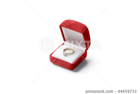 Blank red box with gold diamond ring lying mockup, isolated Blank red box with gold diamond ring lying mockup, isolated 84659733