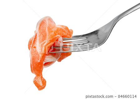 Salmon piece on fork isolated on white background - clipping paths 84660114