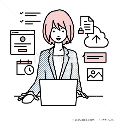 A woman in a suit sitting at a desk and doing a project or task management job on a PC 84660980