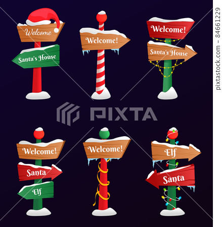 Collection of North Pole signs or Christmas. Winter holiday xmas symbol, cartoon banner. Christmas set. EPS 10. Transparency. Gradients. Collection of North Pole signs or Christmas. Winter holiday xmas symbol, cartoon banner. Christmas set. EPS 10. Transparency. Gradients. 84661229