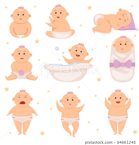 Set with cute little baby boy in diaper. Active baby. Infant new born. Toddler babies activity cute cheerful characters nowaday Set with cute little baby boy in diaper. Active baby. Infant new born. Toddler babies activity cute cheerful characters nowaday 84661248