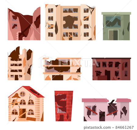 Abandoned houses set. Ruined abandoned houses set, old buildings, broken dilapidated dwelling, supermarket real estate 84661267