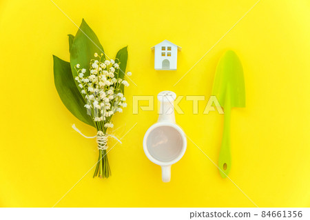 Flat Lay gardening tools, watering can, shovel, rake, flowers and toy house on yellow colourful trendy background. Spring or summer in garden, eco, nature, farm, horticulture hobby concept 84661356