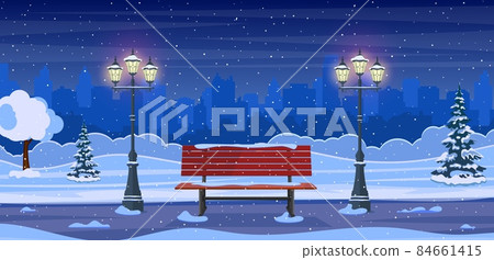 Winter city park with wooden bench, - Stock Illustration [84661415] - PIXTA