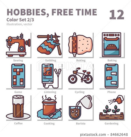 Hobbies and Freetime icons set, Filled Outline, vector and illustration set 2 Hobbies and Freetime icons set, Filled Outline, vector and illustration set 2 84662648
