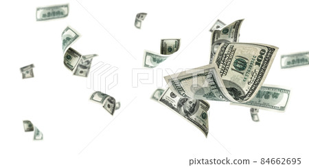 Us dollar. American money, falling cash. Flying hundred dollars isolated on white background. 84662695