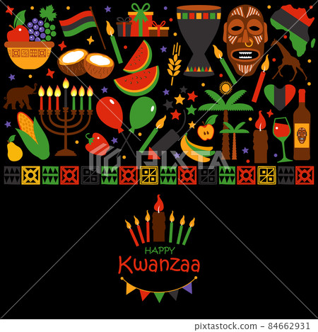 Vector card with collection of Happy Kwanzaa. Holiday symbols on black background. Vector illustration. Vector card with collection of Happy Kwanzaa. Holiday symbols on black background. Vector illustration. 84662931