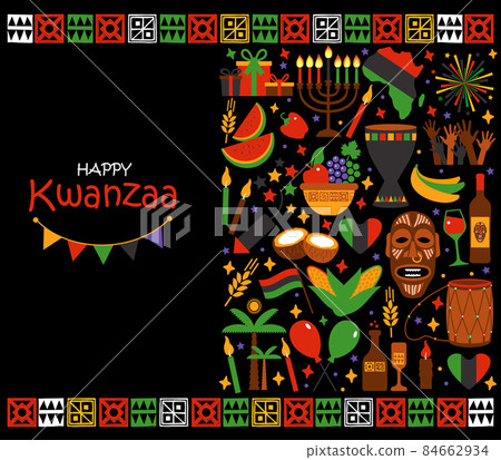 Vector card with collection of Happy Kwanzaa. Holiday symbols on black background. Vector illustration. Vector card with collection of Happy Kwanzaa. Holiday symbols on black background. Vector illustration. 84662934
