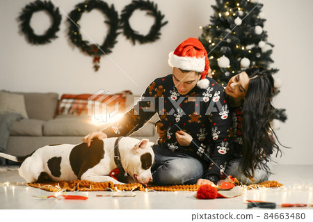 Cute couple sitting at home near christmas tree 84663480
