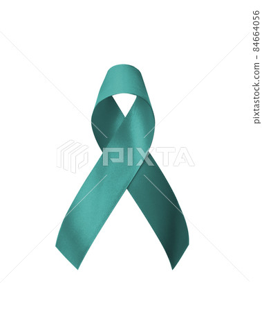 Teal ribbon awareness isolated on white (clipping path) for Ovarian Cancer, Polycystic Ovary Syndrome (PCOS) disease, Post Traumatic Stress Disorder (PTSD), Obsessive Compulsive Disorder (OCD) 84664056