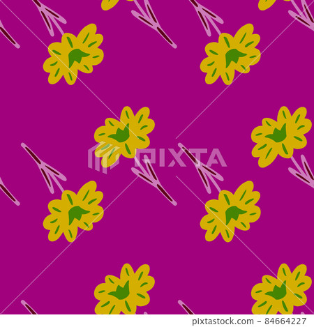 Seamless pattern with hand drawing wild flowers on violet background. Vector floral template in doodle style. Gentle summer botanical texture. Seamless pattern with hand drawing wild flowers on violet background. Vector floral template in doodle style. Gentle summer botanical texture. 84664227