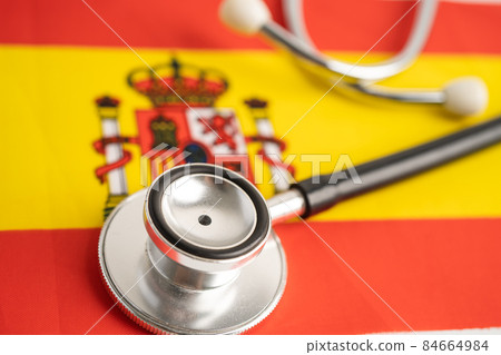 Black stethoscope on Spain flag background, Business and finance concept. 84664984