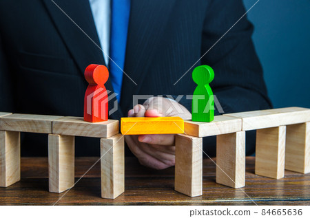 Mediator to remove the gap of understanding between people. Compromise dispute resolution. Build bridges improve relationships. Mediation of conflicting parties. Stop conflict escalation. Win-win 84665636