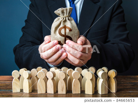 Businessman holds out a dollar money bag to the crowd. Official. Providing money, paying salaries and grants. Staff maintenance. Financial support. Tax collection. Compensation payments. Share profit. 84665653