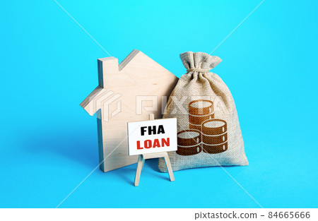 Silhouette of a house with a money bag and FHA loan easel. Mortgage insured by Federal Housing Administration Loan. Affordable financial instrument for borrowers with a low credit score. High risk Silhouette of a house with a money bag and FHA loan easel. Mortgage insured by Federal Housing Administration Loan. Affordable financial instrument for borrowers with a low credit score. High risk 84665666