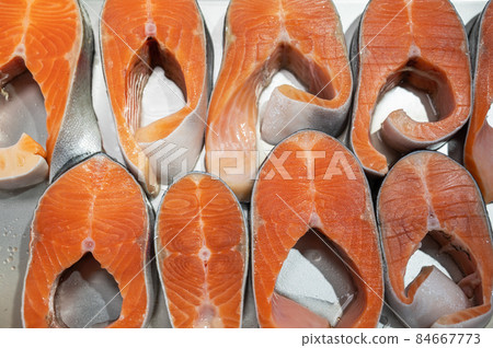 Salmon steaks fish closeup in a market Salmon steaks fish closeup in a market 84667773