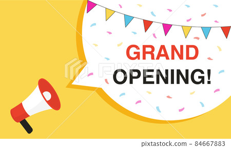 Grand opening banners. Invitation card with megaphone speaker, opened event and opening celebration advertising flyer. Megaphone banner. Vector Grand opening banners. Invitation card with megaphone speaker, opened event and opening celebration advertising flyer. Megaphone banner. Vector 84667883