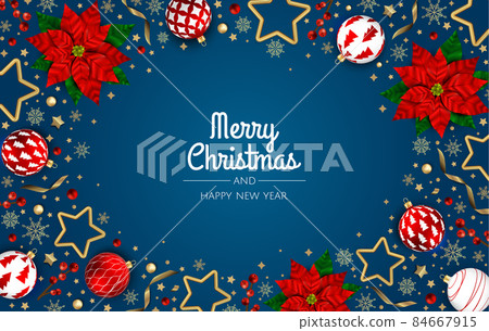 Merry Christmas and Happy New Year. Xmas Festive background with realistic 3d objects, white and gold balls. Merry Christmas and Happy New Year. Xmas Festive background with realistic 3d objects, white and gold balls. 84667915