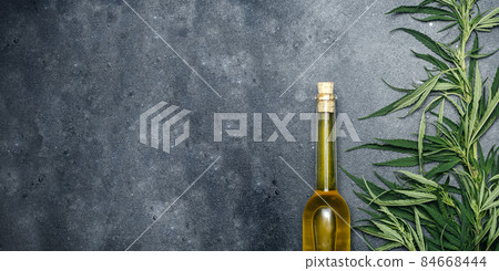 Cannabis oil cannabidiol. Medical cannabis marijuana and extract cbd on dark banner background. 84668444