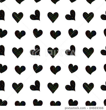 Valentine's day festive decoration. Seamless stylish trendy black and white pattern with hearts, circles. Set is suitable for wrapping paper, notebooks, bedding, clothes, holidays, party Valentine's day festive decoration. Seamless stylish trendy black and white pattern with hearts, circles. Set is suitable for wrapping paper, notebooks, bedding, clothes, holidays, party 84669388