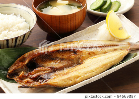 Atka mackerel grilled salt set meal on the table 84669887