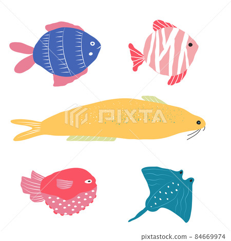 Underwater creature, collection of different fish isolated on white, marine animals for fabric, textile, wallpaper, nursery decor, prints, childish background. Vector 84669974
