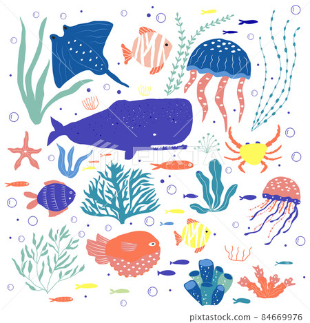 Underwater creatures octopus, whale, fish, jellyfish, crab, clownfish, seaplants and corals, set with marine animals for fabric, textile, wallpaper, nursery decor, prints, childish background. Vector Underwater creatures octopus, whale, fish, jellyfish, crab, clownfish, seaplants and corals, set with marine animals for fabric, textile, wallpaper, nursery decor, prints, childish background. Vector 84669976