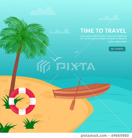 Design template for website with sea, ocean and nautical vehicles: sail boat, ship, vessel. Creative flyer for beach summer holiday travel. Vector illustration. Design template for website with sea, ocean and nautical vehicles: sail boat, ship, vessel. Creative flyer for beach summer holiday travel. Vector illustration. 84669980