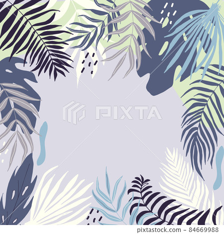 Summer banner with tropical leaves, poster with palm tree, jungle leaf and lettering. Floral tropical background, design template for social media promotional content. Vector illustration Summer banner with tropical leaves, poster with palm tree, jungle leaf and lettering. Floral tropical background, design template for social media promotional content. Vector illustration 84669988