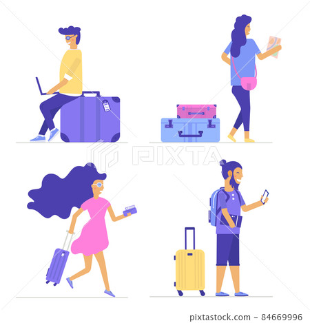 Young people with travel bag and baggage going on summer vacation, journey or trip. Young people with travel bag and baggage going on summer vacation, journey or trip. 84669996