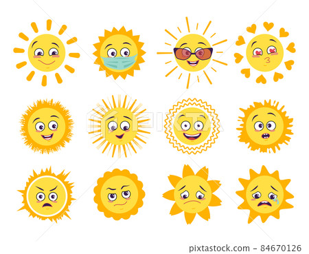 Sun icons set with different emotions, medical mask and goggles isolated on white background. Symbol spring and summer . Vector cartoon flat illustration. Sun icons set with different emotions, medical mask and goggles isolated on white background. Symbol spring and summer . Vector cartoon flat illustration. 84670126