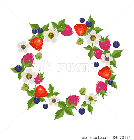 Frame with raspberries, strawberries, blueberries, leaves and flowers on a white background. Round wreath with berries. Bright fruity summer pattern 84670135