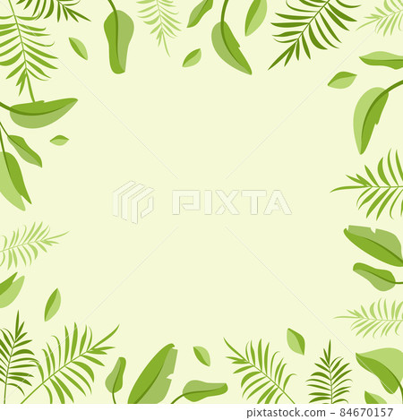Green frame with palm leaves and blank space. Banner for special offers, discounts and sales. Bright summer exotic poster for design. Vector flat illustration Green frame with palm leaves and blank space. Banner for special offers, discounts and sales. Bright summer exotic poster for design. Vector flat illustration 84670157