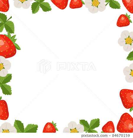 Frame with strawberries, leaves and flowers on a white background. Bright fruit square pattern. Summer food banner Frame with strawberries, leaves and flowers on a white background. Bright fruit square pattern. Summer food banner 84670159