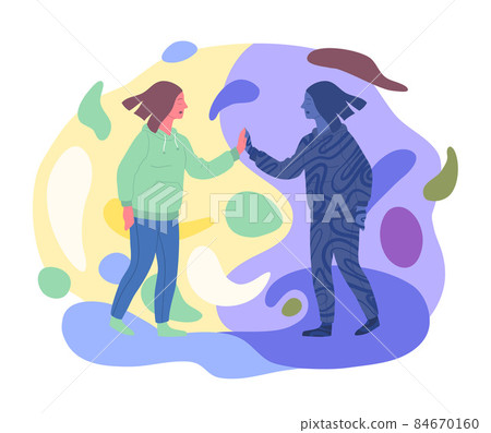 Cartoon Color Characters and Meeting Shadow Personality Psychology and Psychiatry Consciousness Dark Side Concept Flat Design Style. Vector illustration 84670160