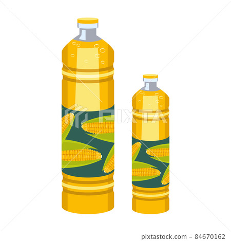 A bottle of corn oil. Plastic transparent packaging with yellow liquid. Source of vitamins, salad dressing A bottle of corn oil. Plastic transparent packaging with yellow liquid. Source of vitamins, salad dressing 84670162