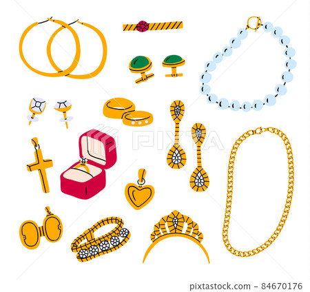 Cartoon Color Golden Precious Jewelry Icon Set Include of Necklace, Ring, Earring and Bracelet. Vector illustration of Icons 84670176