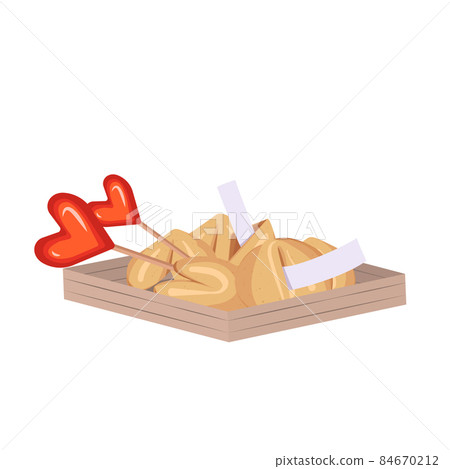 Chinese fortune cookies and red hearts candy in a wooden box. Pastries with white templates, pieces of paper for good luck. A set of festive sweets as a gift for a loved one. Vector food illustration Chinese fortune cookies and red hearts candy in a wooden box. Pastries with white templates, pieces of paper for good luck. A set of festive sweets as a gift for a loved one. Vector food illustration 84670212
