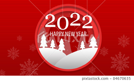 Happy New year 2022 background, greeting card with red ball and white snowflakes Happy New year 2022 background, greeting card with red ball and white snowflakes 84670635