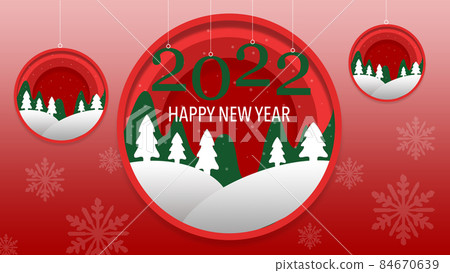 Happy New year 2022 background, greeting card with red ball and white snowflakes Happy New year 2022 background, greeting card with red ball and white snowflakes 84670639