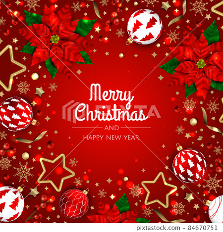 Merry Christmas and Happy New Year. Xmas Festive background with realistic 3d objects, blue and gold balls. Merry Christmas and Happy New Year. Xmas Festive background with realistic 3d objects, blue and gold balls. 84670751