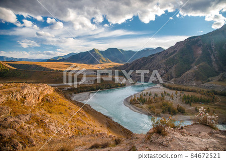 Amazing panoramic view of confluence beautiful mountain rivers Chuya and Katun. Photo wonderful picturesque popular highlands. Art image, peaceful Chuya-Katun valley, Gorny Altai Amazing panoramic view of confluence beautiful mountain rivers Chuya and Katun. Photo wonderful picturesque popular highlands. Art image, peaceful Chuya-Katun valley, Gorny Altai 84672521